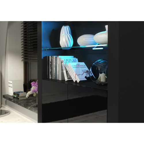 Display Cabinet Spectrum 170cm - Black with Gloss Doors and LED Lights 2