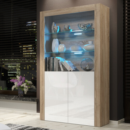 Display Cabinet Spectrum 170cm - Oak & White Gloss Doors and LED Lights