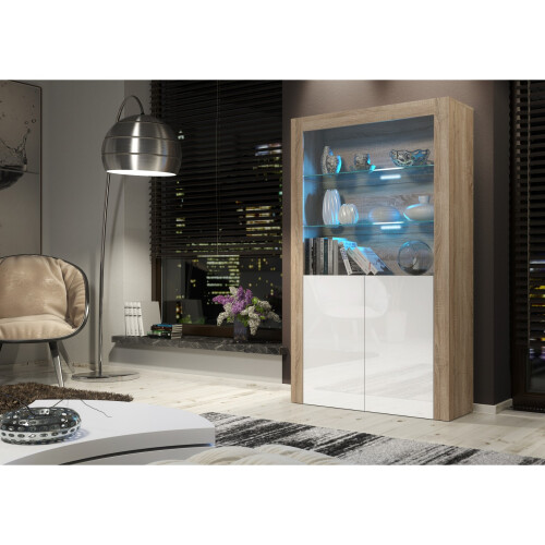 Display Cabinet Spectrum 170cm - Oak & White Gloss Doors and LED Lights 1
