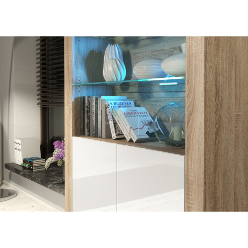 Display Cabinet Spectrum 170cm - Oak & White Gloss Doors and LED Lights 2