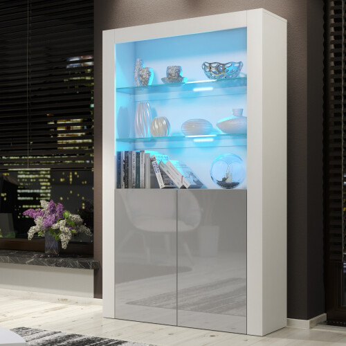Display Cabinet Spectrum 170cm - White & Grey Gloss Doors and LED Lights
