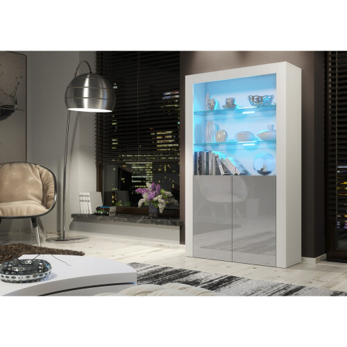 Display Cabinet Spectrum 170cm - White & Grey Gloss Doors and LED Lights 1