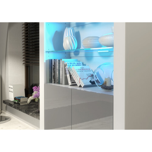 Display Cabinet Spectrum 170cm - White & Grey Gloss Doors and LED Lights 2