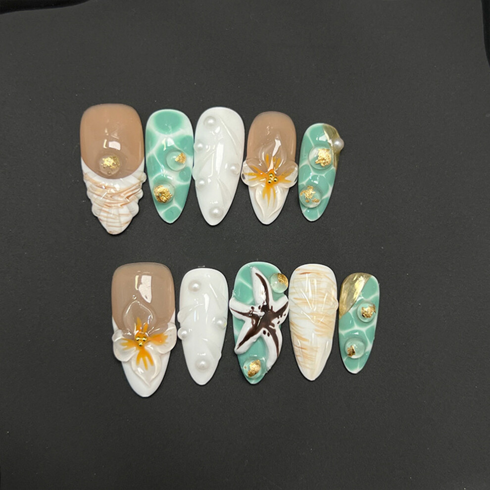 Penghui-Toys (M) 10Pcs White False Nails With Starfish Decor Long Lasting Safe Material Waterproof False Nails For Girlfriend Wife Women