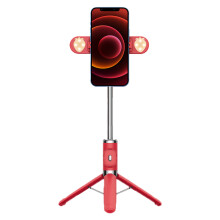 Asta per selfie telescopica con treppiede, moduli luce LED rimovibili e funzione di scatto rapido Bluetooth.