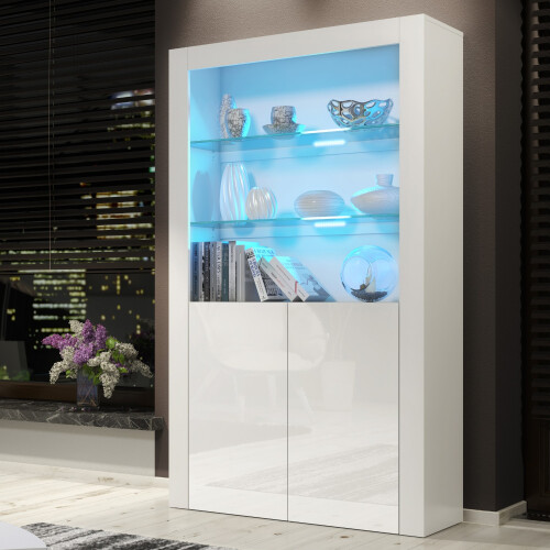 Display Cabinet Spectrum 170cm - White with Gloss Doors and LED Lights