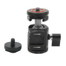 Verstellbarer Mini-Kugelkopf für Stative, Einbeinstative, DSLR-Kameras, GoPros und Smartphones mit Dual-Blitzschuhadapter, 360-Horizontaldrehung,