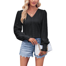 Puff Sleeve Shirts For Women Long Sleeve Blouse Oversized Design Dressy V Neck Sweatshirt Jacquard Fabric Tunic Tops Loose And Comfortable Easy