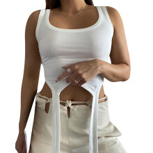 Canotta da donna senza maniche a coste, top corto sexy con scollo quadrato, look estivo alla moda con ritagli, vestibilità aderente, tessuto