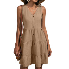 Niedliches Sommerkleid für Damen, vielseitig kombinierbar, modisches Design, Rüschenrock, ärmellos, geknöpft, mit geraffter Empire-Taille