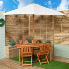 Outdoor 6 Person Rectangular Wooden Garden Patio Dining Table Chairs with Cream Parasol and Base Set