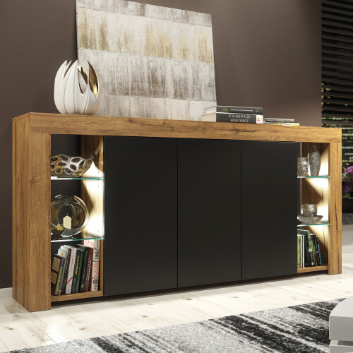 Sideboard Eden 164cm - Dark Oak & Black Matt Doors and LED Lights