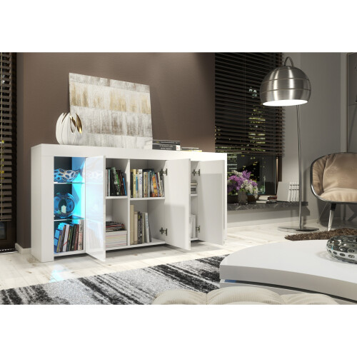 Sideboard Eden 164cm - White with Gloss Doors and LED Lights 2