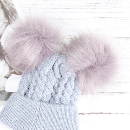 Bonnet Chaud Pour Bébé Gris En Maille Douce Avec Pompons 2