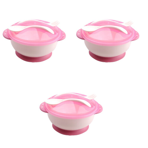 3Pcs Baby Suction Bowl Set Pink Toddler Feeding Tableware Fork Spoon 1