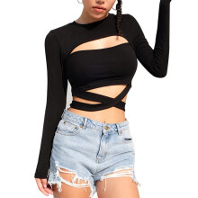 Long Sleeve Cropped Tee For Women, Solid Color Elegant Design Soft Lightweight Top, Stylish Slim Fit Tee With Unique Sleeve Design