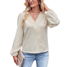 Women's Lightweight Long Sleeve Blouse V-Neck Lace Tops Crochet Eyelet Scalloped Flowy Loose Fit Casual Elegant Fashion Top