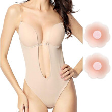 Adjustable Invisible Backless Shaper for Women Deep V Neckline Seamless Stereoscopic Cups Cartilage Underwire Support Low Back Thong Bodysuit
