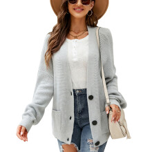 Cappotto maglione da donna a maglia grossa, maniche lunghe, scollo a V, abbottonatura frontale con tasca, aperto sul davanti, caldo e comodo, maniche