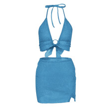 Conjunto de duas peças feminino de crochê macio e confortável, composto por top regata sem mangas com recortes e saia curta de cintura alta, ideal