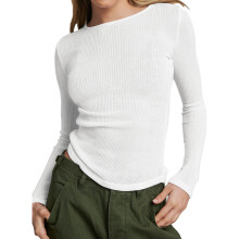 T-shirts basiques à manches longues et col rond pour femmes, en maille côtelée, coupe ajustée, matière extensible et douce, couleur unie