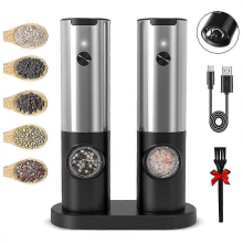 Ensemble moulin à sel et à poivre électrique rechargeable avec double base de chargement, câble USB et fonction de broyage automatique.