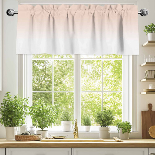 Cortinas Dreamy Peach de 42x18 polegadas, com degradê rosa/branco e bolso para varão, filtram a luz e são compatíveis com varões padrão. 1