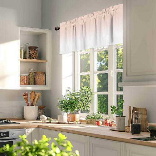 Cortinas Dreamy Peach de 42x18 polegadas, com degradê rosa/branco e bolso para varão, filtram a luz e são compatíveis com varões padrão. 2