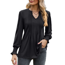 Modern női elegáns, lezser tunika, blúz, rakott, V-nyakú, hosszú ujjú felső utazáshoz, vásárláshoz, szabadidős kirándulásokhoz