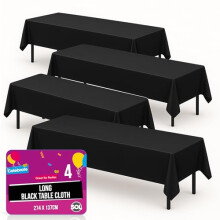 SOL 4pk Long Black Table Cloth Party 274x137cm Rectangular Large Disposable Plastic Cover. Heavy Duty Spill Protection: Opaque Design for Halloween