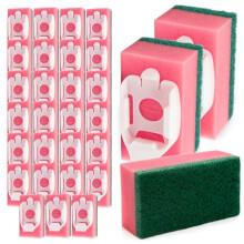 SOL 27pk Sponge Refill Heads for Liquid Handle Brush  Dishmop Style Washing Up Scrubber Refills with Pink & Green Scourer & White Plastic Base