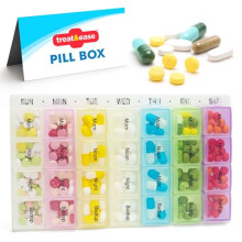 Treat & Ease Weekly Pill Organiser 7 Day 4 Times a Day - Colourful Compartments, Portable Storage Medication Organizer and Easy-to-Lift Lids