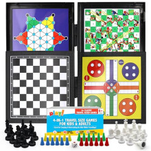 SOL 4-in-1 Travel Size Games for Kids & Adults with Snakes & Ladders, Chess, Flying Chess & Checkers, Mini Magnetic Board, Pocket-Sized for Kids 8-12