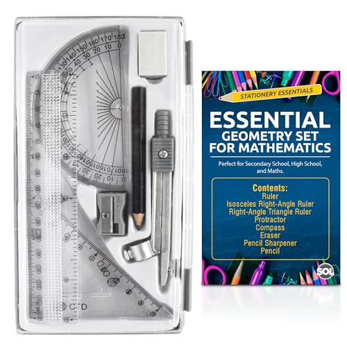 SOL SOL 8-Piece Geometry Sets for Secondary School for Mathematics, Complete Maths Kit with Ruler, Pencil, Eraser, Protractor and Compass Set