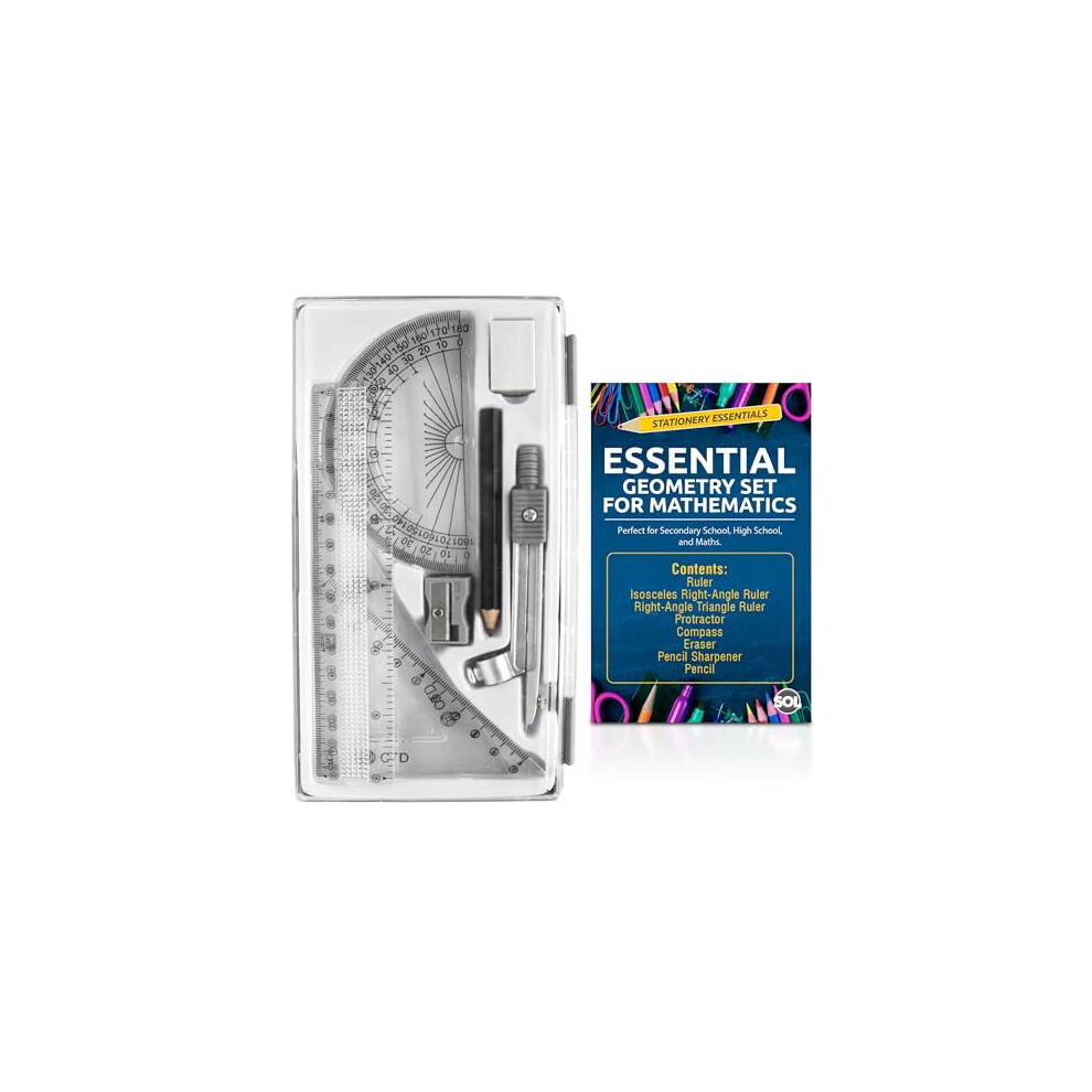 Sol 8-Piece Geometry Sets For Secondary School For Mathematics, Complete Maths Kit With Ruler, Pencil, Eraser, Protractor And Compass Set