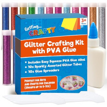 SOL Glitter Art Crafting Bundle with 10x Colourful Glitter Tubes, 1x PVA Glue & 10x Glue Spreaders - Kids Crafting, Scrapbooking, Card Poster Making