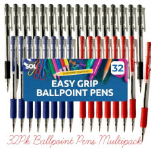 SOL 32pk Retractable Ballpoint Pens Multipack, Smooth Writing Biros Multipack Colours Pen, Durable Clip-On Design, Comfortable Grip, Ideal for Office