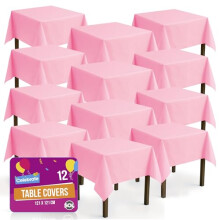 SOL 12pk Pink Table Cloths Party 121x121cm Plastic Cover Disposable for Parties - Heavy Duty Spill Protection - Opaque Design for Weddings, Buffets