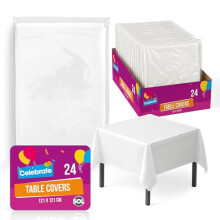 SOL 24pk Square White Table Cloth Party 121x121cm Plastic Cover Tablecloth Disposable for Parties - Thick Full Coverage Heavy Duty Spill Protection