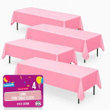 SOL 4pk Long Pink Table Cloth Party 274x137cm Plastic Cover Disposable Tablecloths for Parties - Heavy Duty Spill Protection