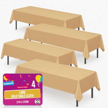 SOL 4pk Long Gold Table Cloth Party 274x137cm Plastic Cover Disposable Tablecloths for Parties - Spill Protection - Great for Weddings, Buffets