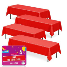 SOL 4pk Long Red Table Cloth Party 274x137cm Plastic Cover Disposable Tablecloths for Parties - Spill Protection - Great for Weddings, Buffets