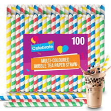 SOL 100pk Multi-Coloured Bubble Tea Paper Straws - Large Boba Straws for Milkshakes & Smoothies - Sturdy, Spiral Design in Yellow, Green, Red & Blue