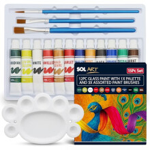 SOL 12pc Glass Paints with 1x Palette and 3x Assorted Paint Brushes - Glass Paints Set for Wine Glasses, Jars, Mirrors, Picture Frames