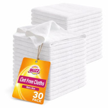 Buzz 30pk Lint Free Cloth, 30cm x 30cm White Microfibre Reusable Cleaning Cloths for Oiling Wood, Polishing Glass, Wiping Screens
