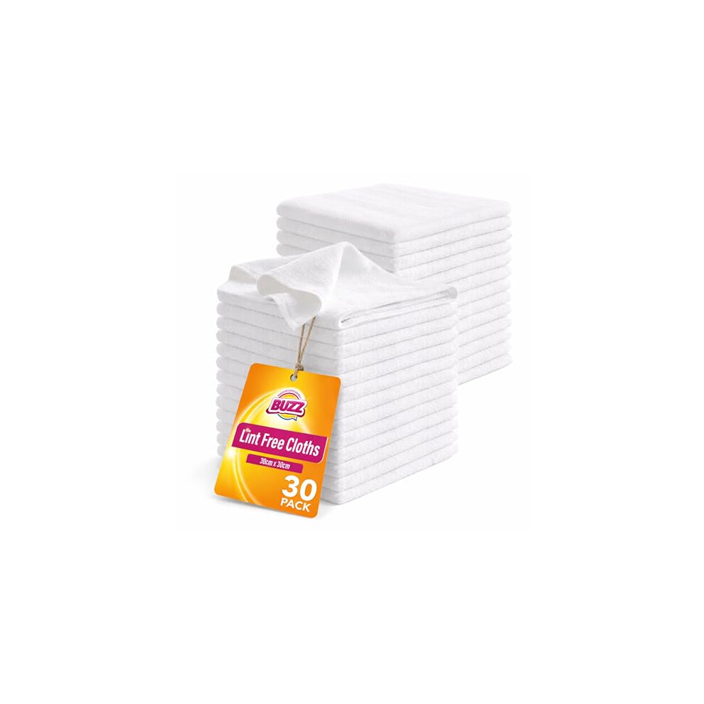 Sol Buzz 30Pk Lint Free Cloth, 30Cm X 30Cm Microfibre Reusable Cleaning Cloths For Oiling Wood, Polishing Glass, Wiping Screens White