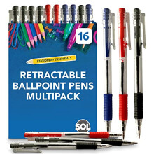 SOL 16pk Retractable Ballpoint Pens Multipack, Smooth Writing Biros Multipack Colours Pen, Durable Clip-On Design, Comfortable Grip, Ideal for Office
