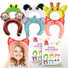 12pk Inflatable Jungle Animal Headband | 2x6pk Party Bag Fillers Inflatable Safari Props - Giraffe, Monkey, Frog, Elephant, Panda, Fox