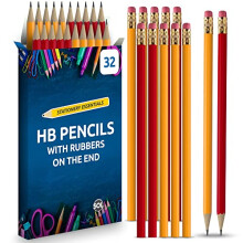 SOL 32pk HB Pencils with Erasers, Strong Graphite Lead for Smooth Writing and Drawing, Eraser-Tipped Design for School, Office, Art