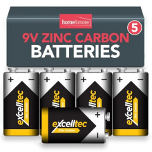 Excelltec 5pk 9V Zinc Carbon Batteries, Heavy Duty PP3 9V Battery, Long-Lasting Power, Reliable Performance, Ideal for Smoke Alarms, Toys